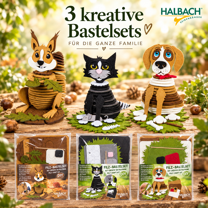 Filz-Bastelsets: Eichhörnchen, Hund und Katze