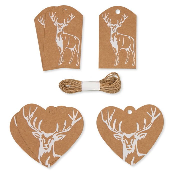 Papier-Anhänger "Hirsch" mit ca. 3 m Jute-Kordel 2 Formen im Set 19827