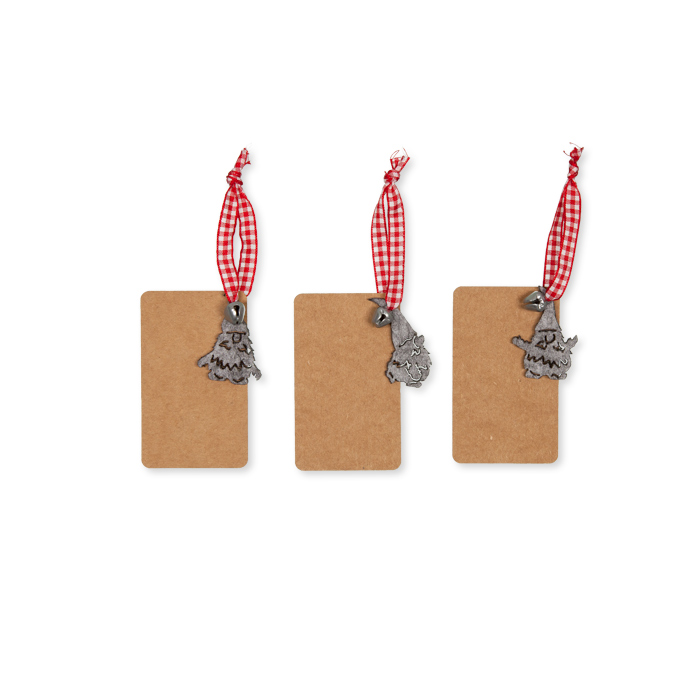 Papier-Hänger mit Filzwichtel, Metall-Glöckchen und Karoband 3 Formen im Set 62311