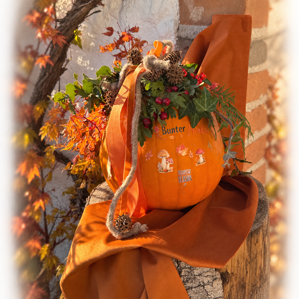 Herbstliche Tischdekoration mit Samt, Bändern und Herbstlaub