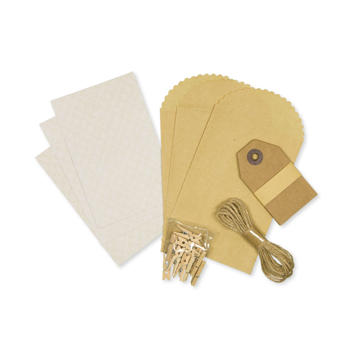 DIY-Set Geschenkanhänger: 3 Umschläge und Karten, 10 Anhänger, 12 Holzklammern und ca. 3 m Jute-Kordel 19839