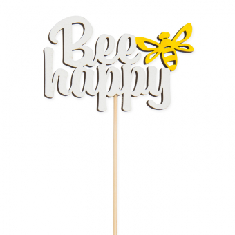 Holz-Stecker "Bee happy" Wei/Gelb