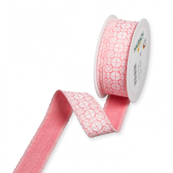 Druckband "Ornament" Fransenkanten 32 mm | Flamingo/Wei