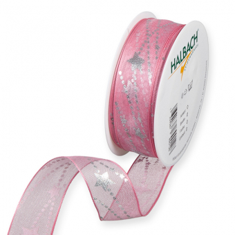 Organza Druckband "Sterne" 25 mm | Pastellrosa/Silber