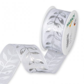 Organza-Druckband "Blattranken" Wei/Silber