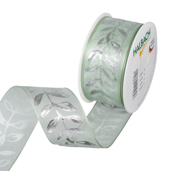 Organza-Druckband "Blattranken" Mint/Silber