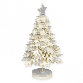 Deko-Aufsteller "Baum" mit Glitter 21 cm | Creme/Silber