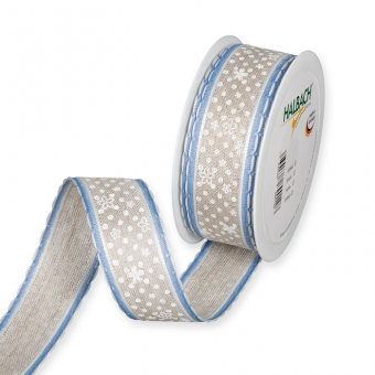 Leinen-Druckband "Punkte und Blümchen" 36 mm | Hellblau/Weiß/Leinen