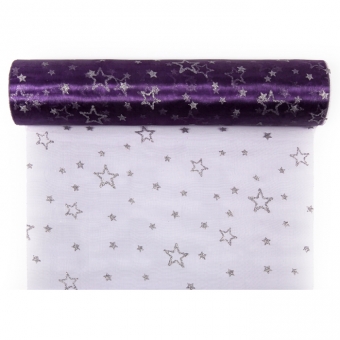 Organza mit Glitterdruck "Sterne" 300 mm | Violett/Silber