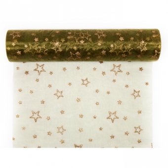 Organza mit Glitterdruck "Sterne" 300 mm | Olivgrn/Gold