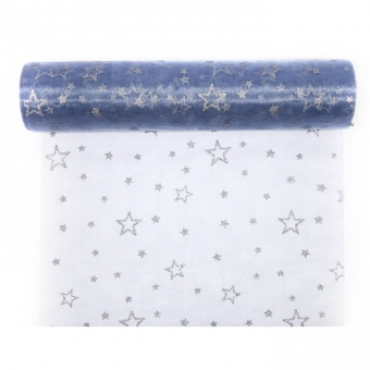 Organza mit Glitterdruck "Sterne" 300 mm | Rauchblau/Silber