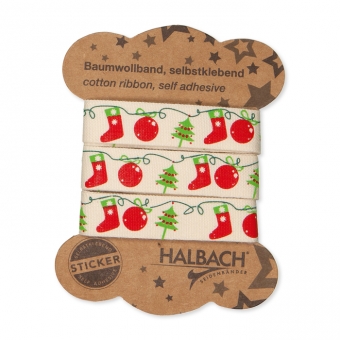 selbstklebendes Baumwollband Grn/Rot/Creme creme - Weihnachtsmotive